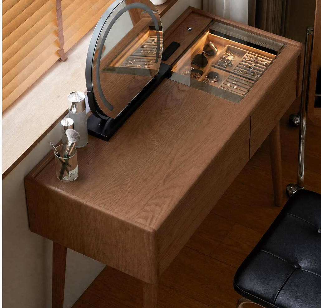 Ash, Cherry Solid Wood Modern Vanity Table with Storage