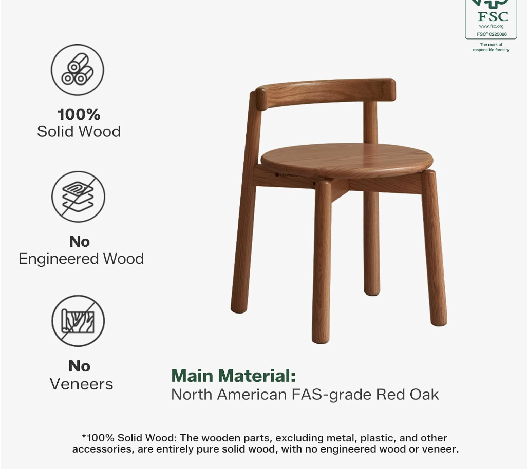 Oak Solid Wood Low Back Makeup Stool with Round Seat