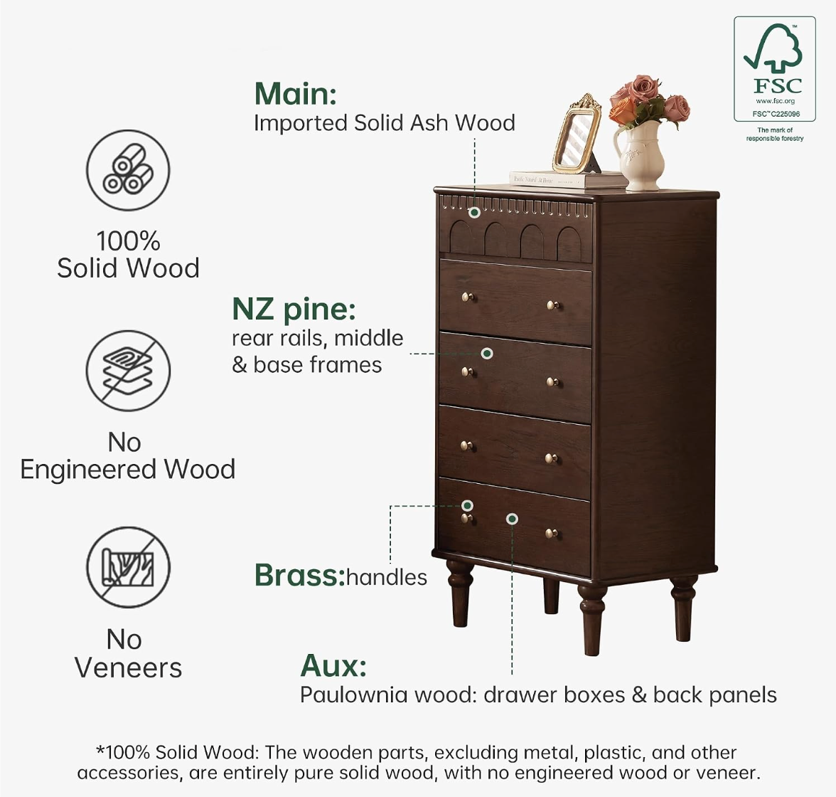 Black Walnut, Ash Solid Wood French Retro Chest of Drawers