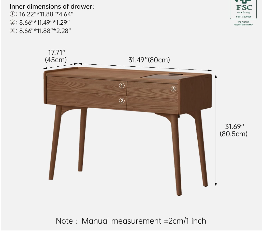 Ash, Cherry Solid Wood Modern Vanity Table with Storage