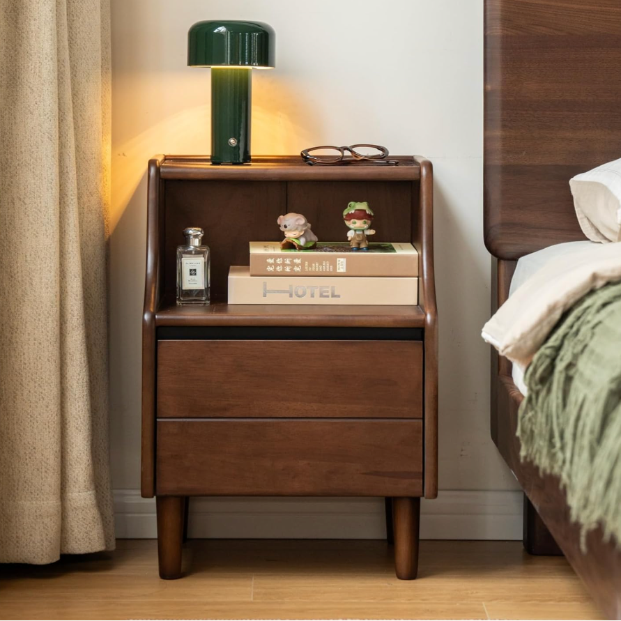 Oak Solid Wood, Solid RubberWood Nightstand with Glass Door with Storage