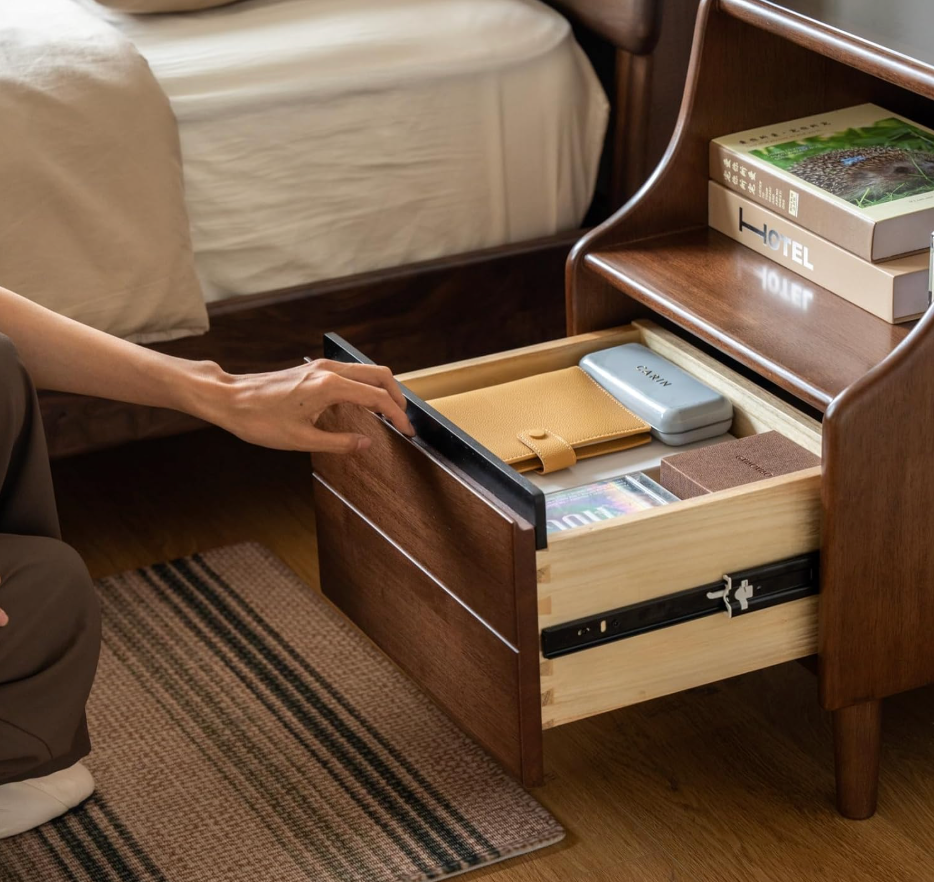 Oak Solid Wood, Solid RubberWood Nightstand with Glass Door with Storage