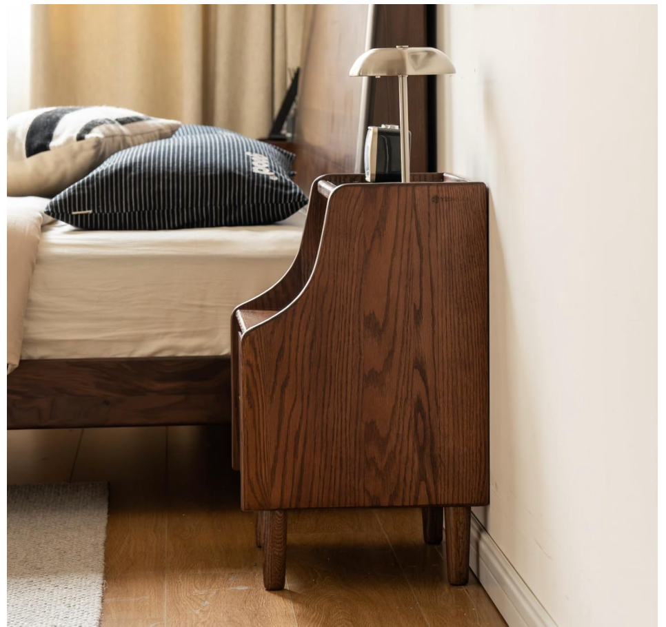 Oak Solid Wood, Solid RubberWood Nightstand with Glass Door with Storage