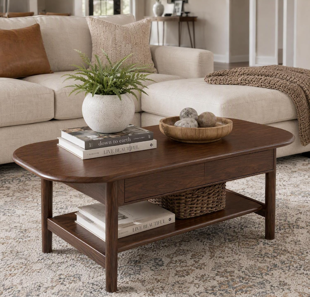 Oak Solid Wood Coffee Table with Integrated Drawer Storage