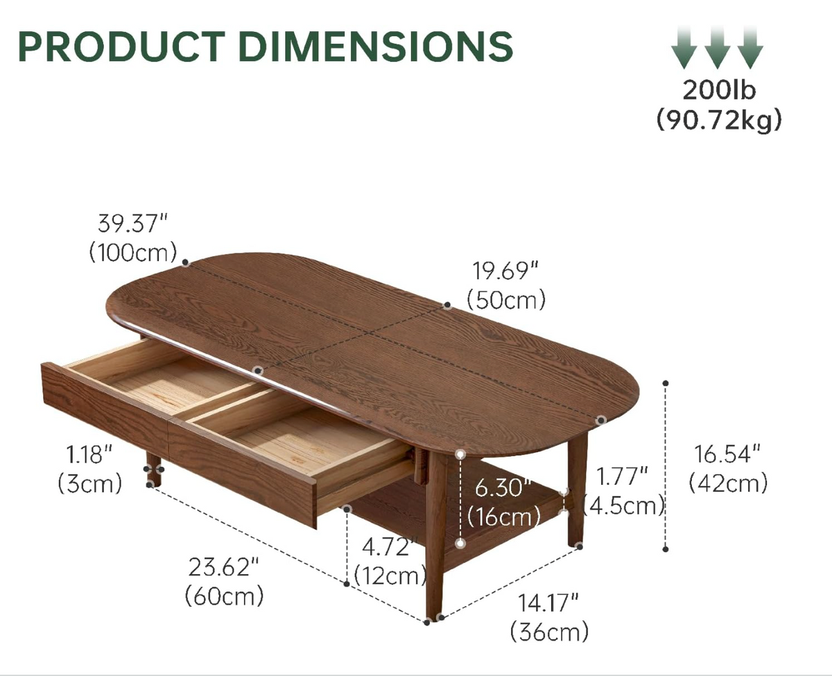Oak Solid Wood Coffee Table with Integrated Drawer Storage