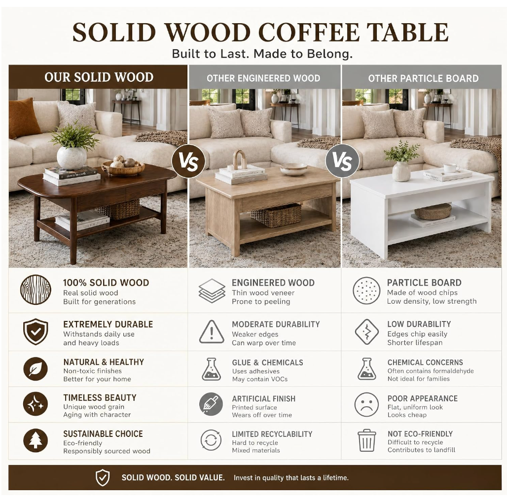 Oak Solid Wood Coffee Table with Integrated Drawer Storage