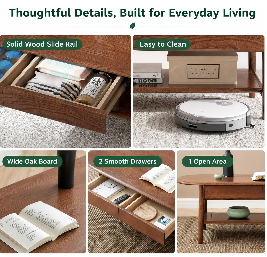 Oak Solid Wood Coffee Table with Integrated Drawer Storage