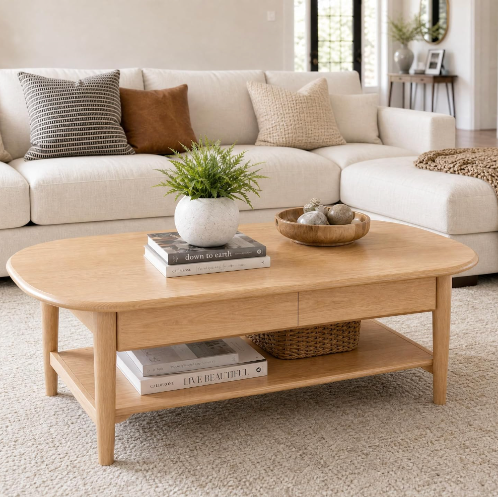 Oak Solid Wood Coffee Table with Integrated Drawer Storage
