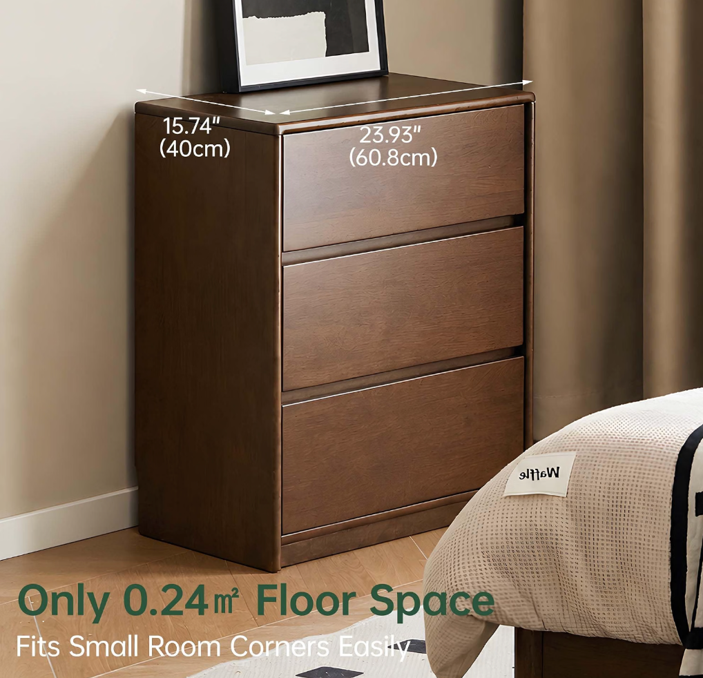 Solid Rubberwood Wood Compact 3-Drawer Chest with Small Footprint