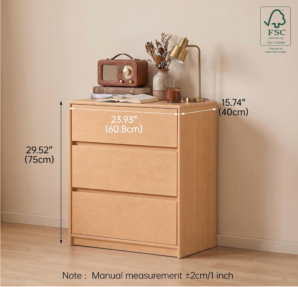 Solid Rubberwood Wood Compact 3-Drawer Chest with Small Footprint
