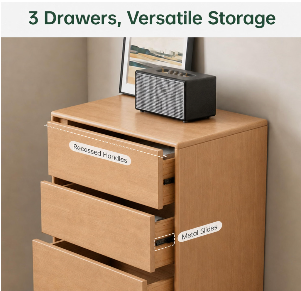 Solid Rubberwood Wood Compact 3-Drawer Chest with Small Footprint