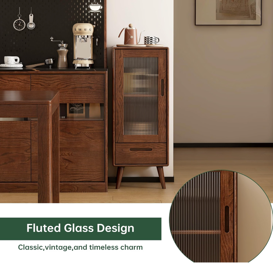 Oak Solid Wood Display Cabinet with Fluted Glass Door and Tapered Legs