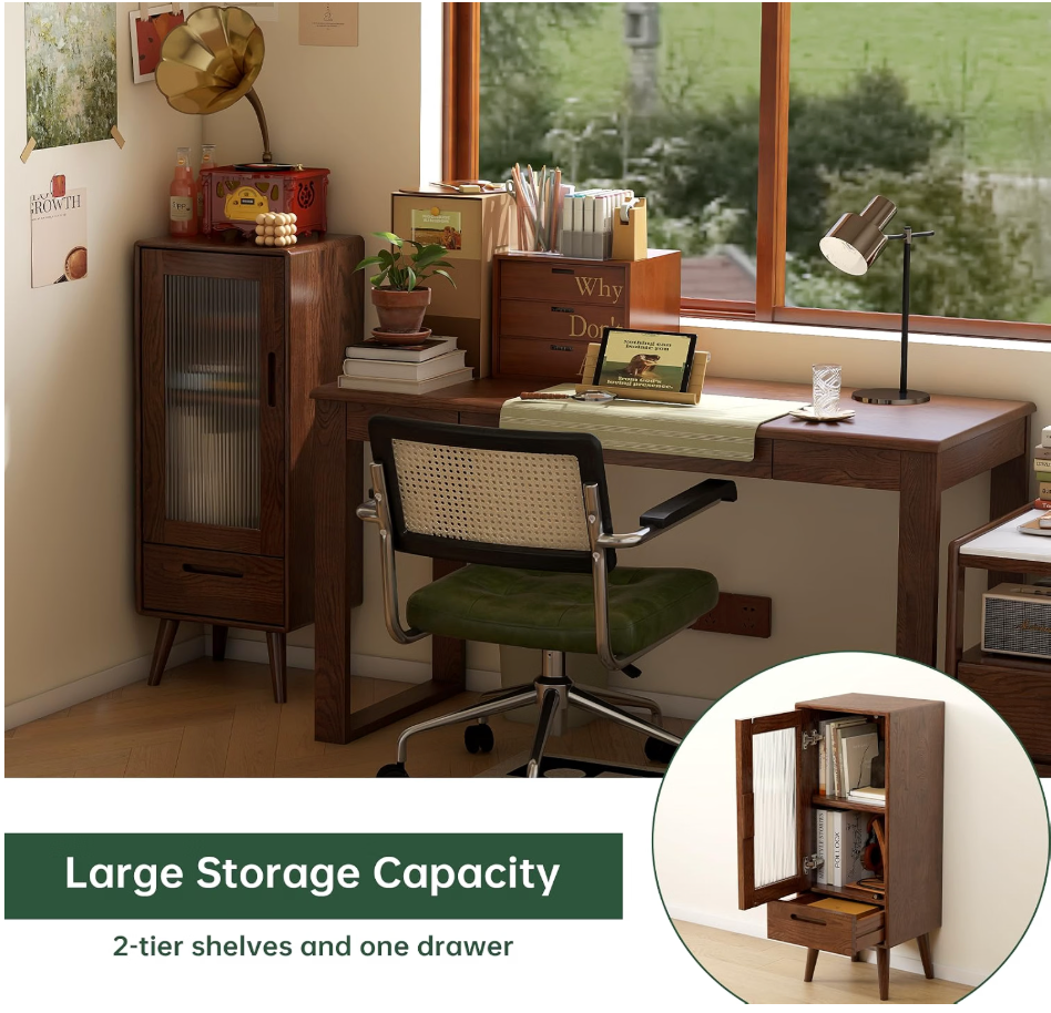 Oak Solid Wood Display Cabinet with Fluted Glass Door and Tapered Legs