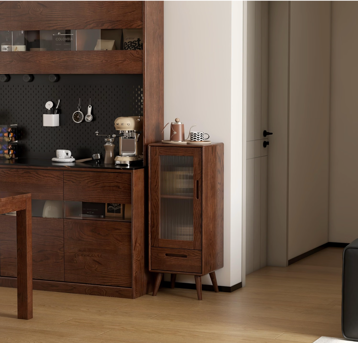 Oak Solid Wood Display Cabinet with Fluted Glass Door and Tapered Legs