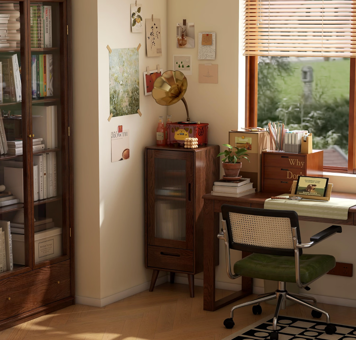 Oak Solid Wood Display Cabinet with Fluted Glass Door and Tapered Legs