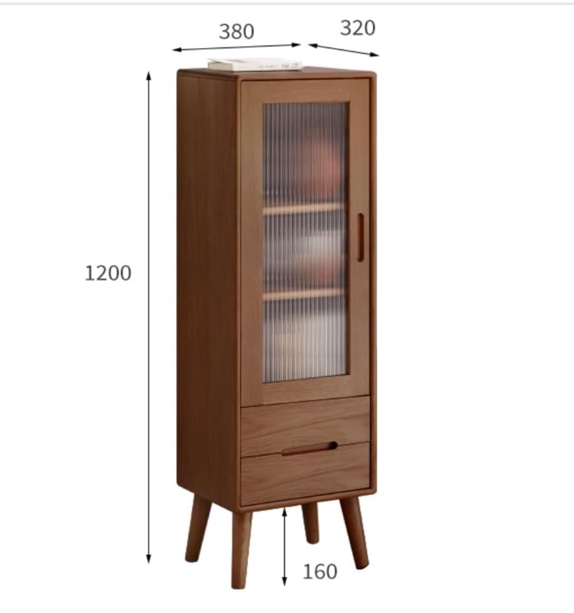 Oak Solid Wood Display Cabinet with Fluted Glass Door and Tapered Legs