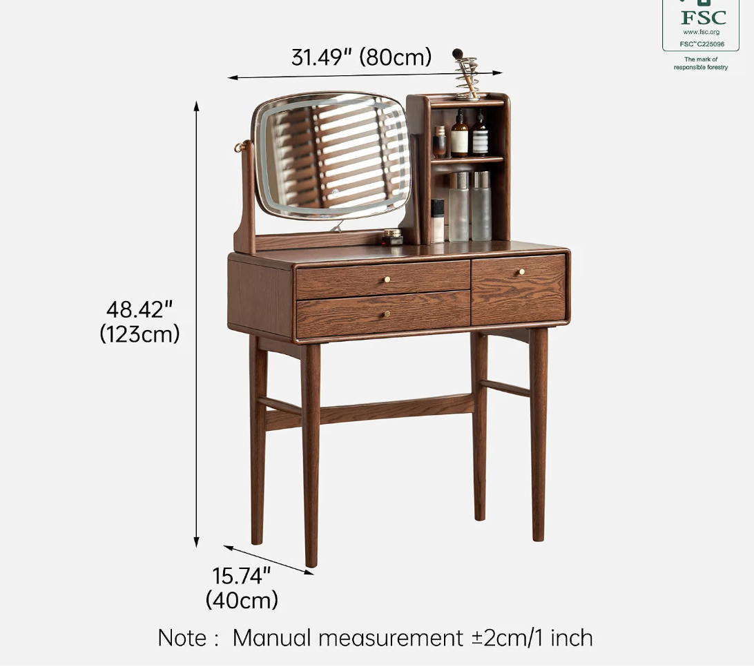 Oak Solid Wood Vanity Desk with LED Mirror and Open Storage Tower
