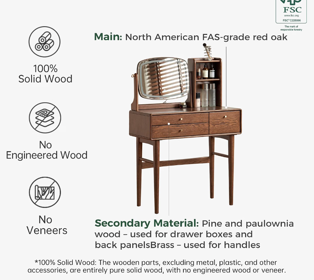 Oak Solid Wood Vanity Desk with LED Mirror and Open Storage Tower