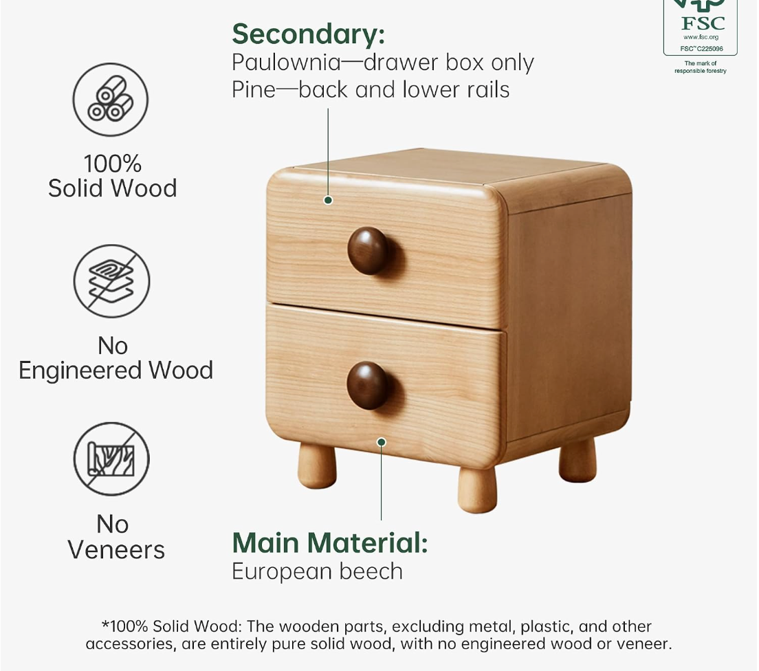 Beech Solid Wood Kids Two-Drawer Nightstand with Round Knob Pulls and Rounded Edges