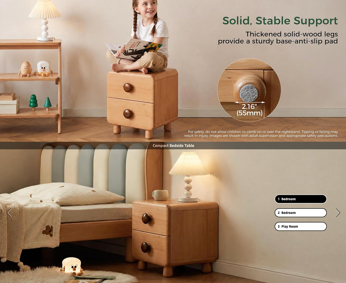 Beech Solid Wood Kids Two-Drawer Nightstand with Round Knob Pulls and Rounded Edges