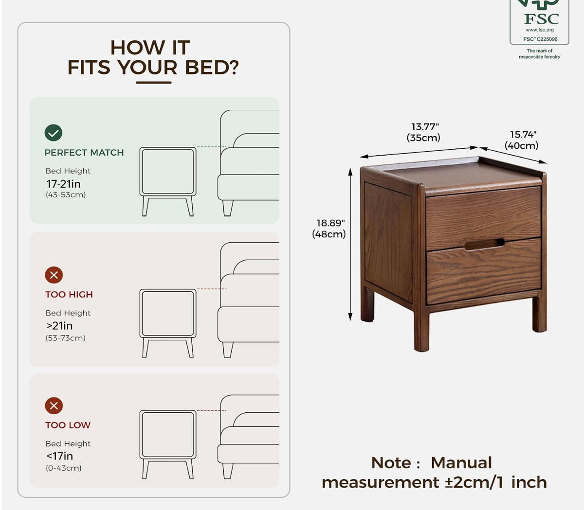 Oak Solid Wood 2-Drawer Nightstand with Recessed Handles