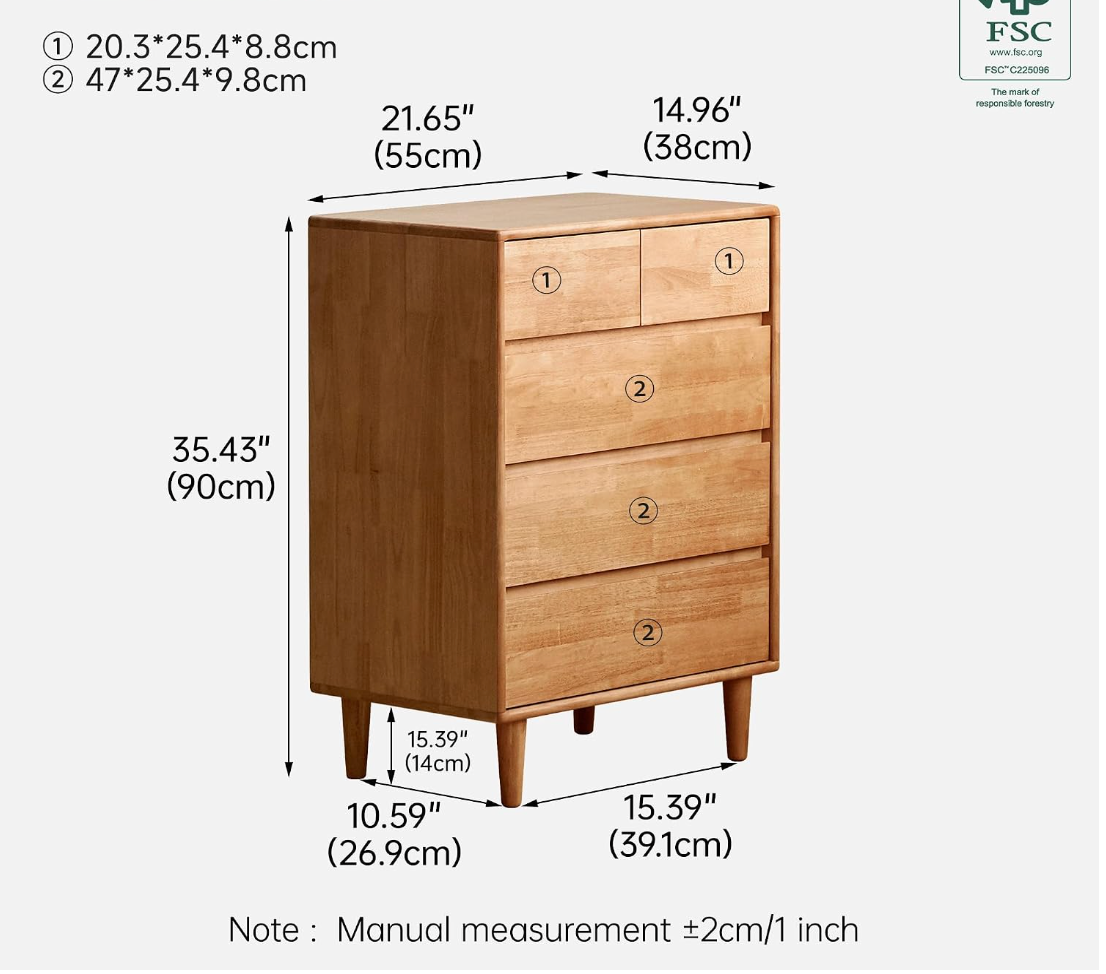 Rubberwood Solid Wood Tall Narrow Dresser with Fluted Drawer