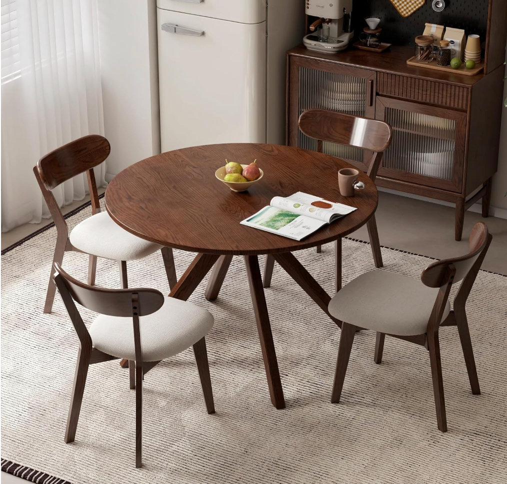 Black Walnut, Oak Solid Wood Round Dining Table with X-Shape Crossed Legs