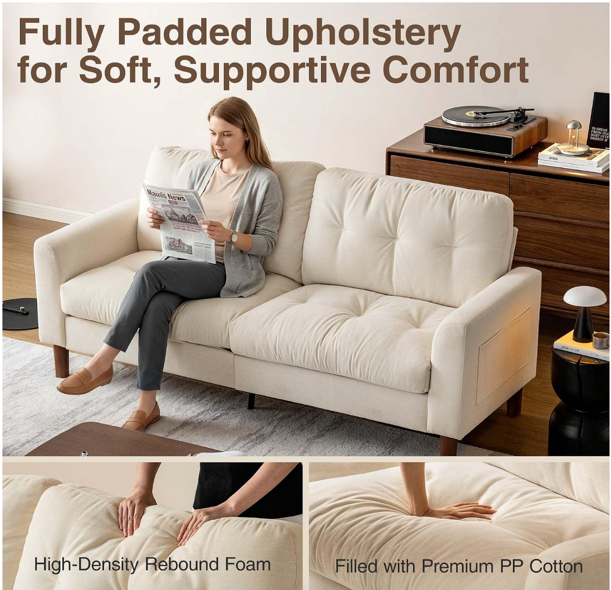 Track Arm Tufted Sofa with Side Pocket Storage