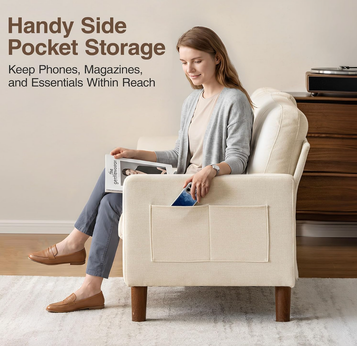 Track Arm Tufted Sofa with Side Pocket Storage