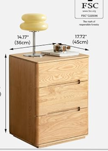 Oak Solid Wood 3-Drawer Nightstand with Groove Handles and Rounded Corners