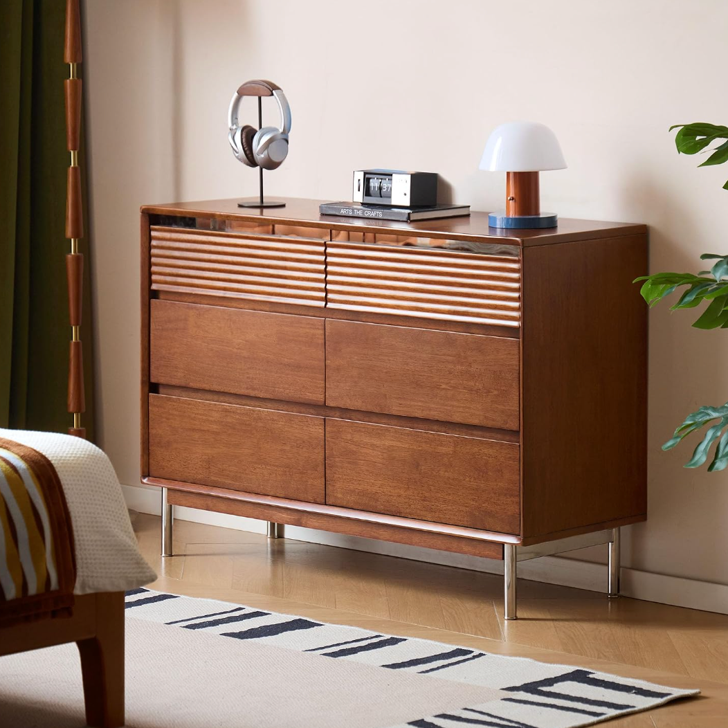 Rubberwood Solid 6-Drawer Dresser, Mid Century Bedroom Storage Cabinet