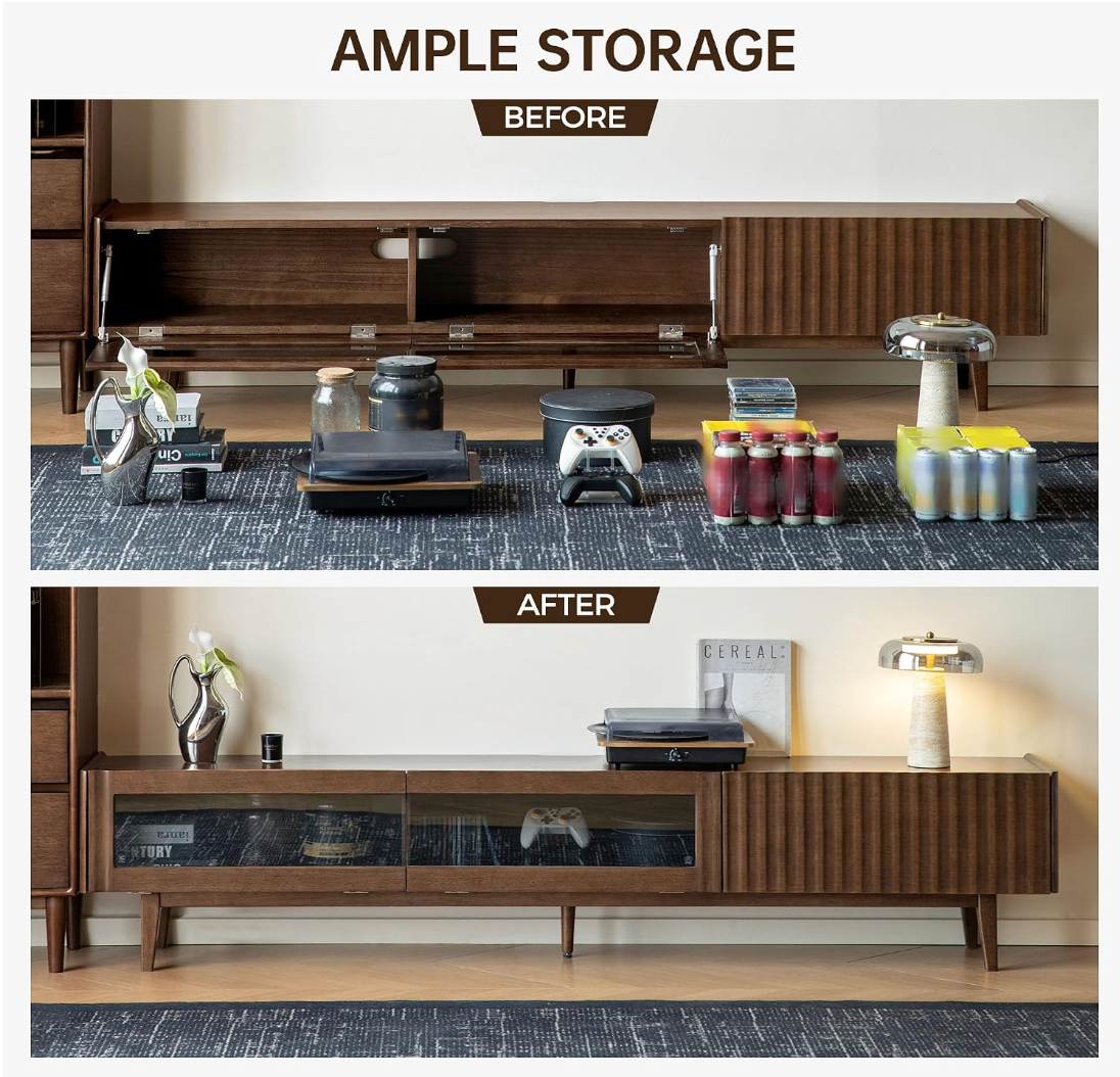 Solid RubberWood Fluted TV Media Console with Drawers and Open Shelf