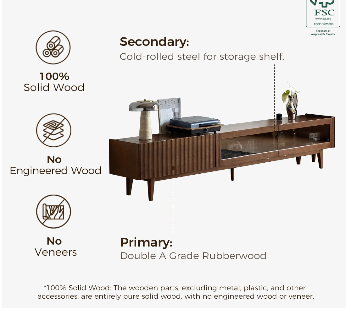 Solid RubberWood Fluted TV Media Console with Drawers and Open Shelf