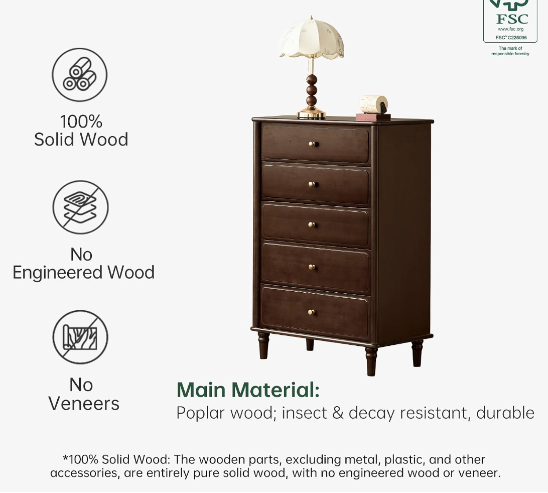 Poplar Solid Wood Traditional Dresser with Brass Knobs and Turned Spindle Legs