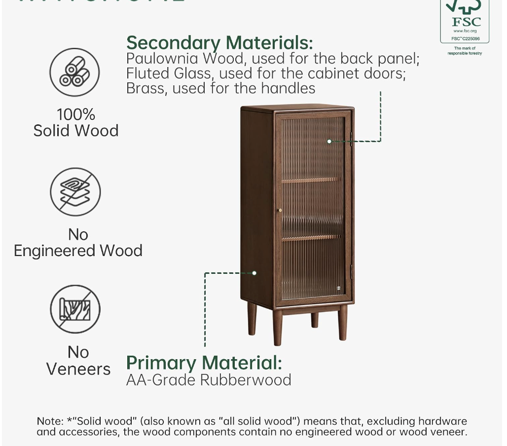 Solid Rubberwood Narrow Storage Cabinet with Fluted Glass Door and Adjustable Shelves