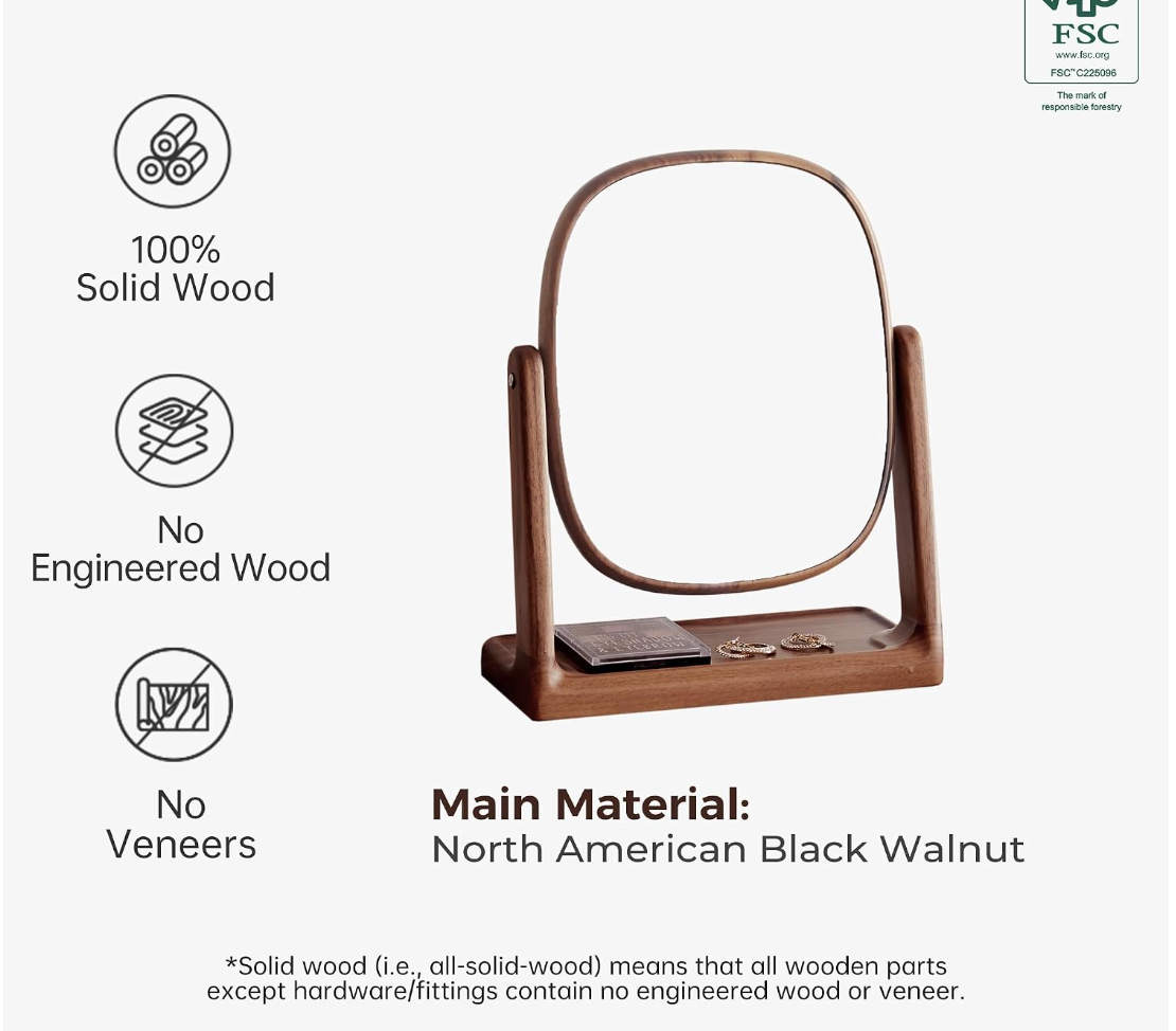 Black Walnut Solid Wood Vanity Makeup Mirror Tabletop