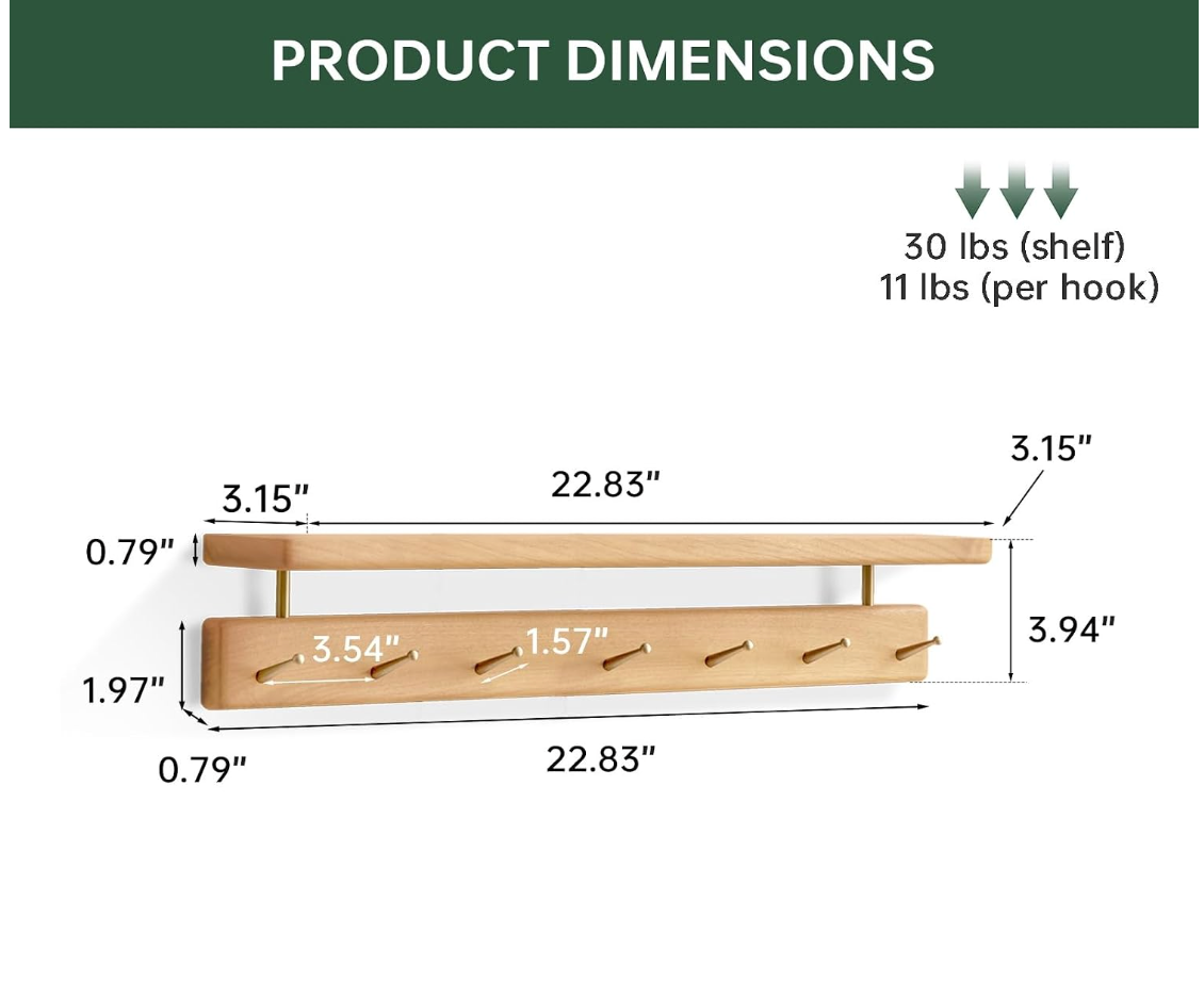 Beech Solid Wood Wall Mounted Coat Rack with Shelf
