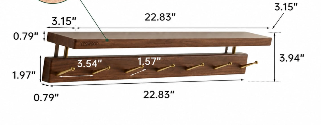Beech Solid Wood Wall Mounted Coat Rack with Shelf