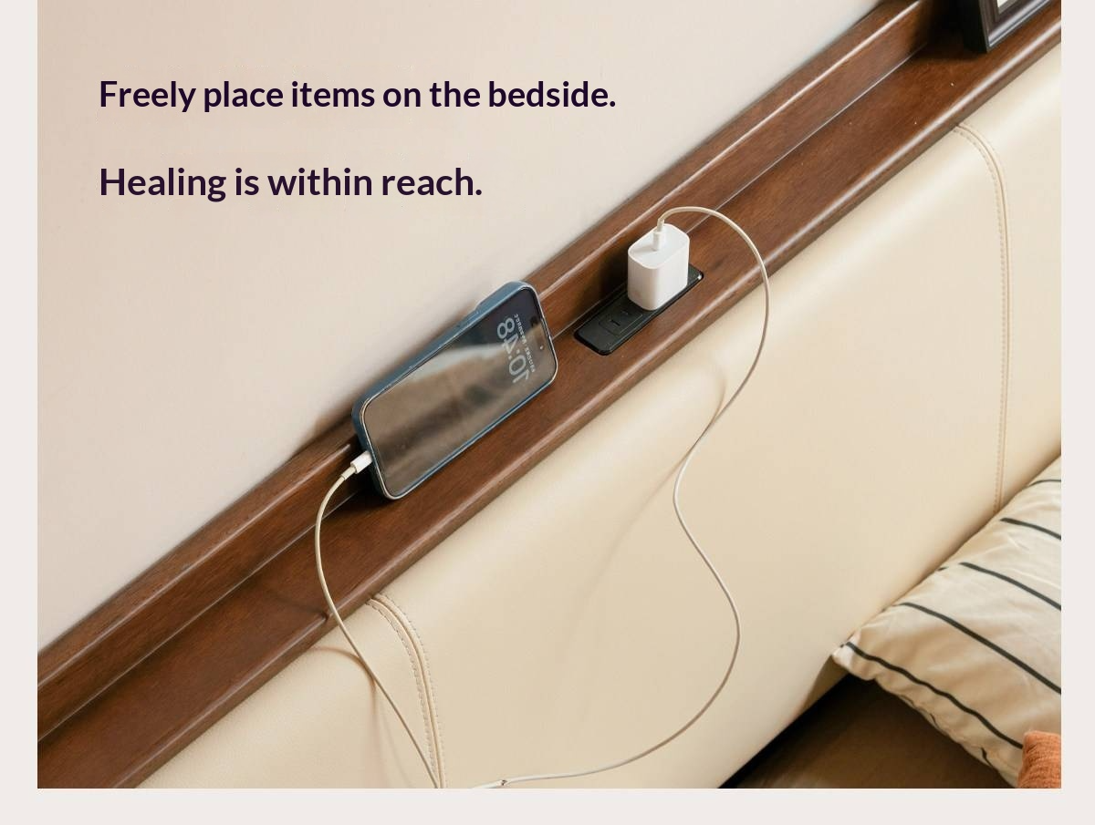 Golden Rosewood Solid Wood Modern Bed with Leather Upholstered Headboard and Built-In Power Outlets