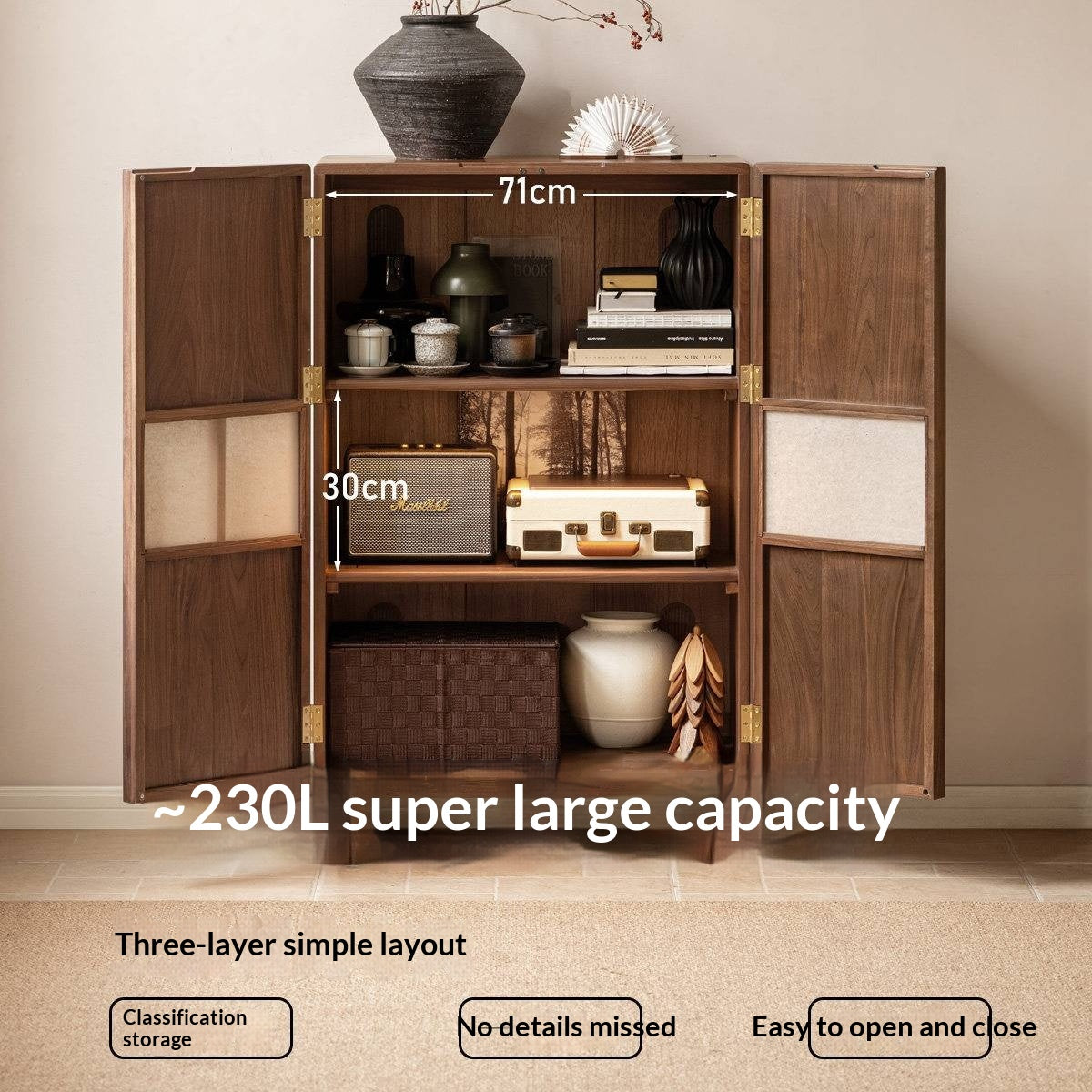 Black Walnut Solid Wood Lattice Door Side Cabinet with LED Lighting