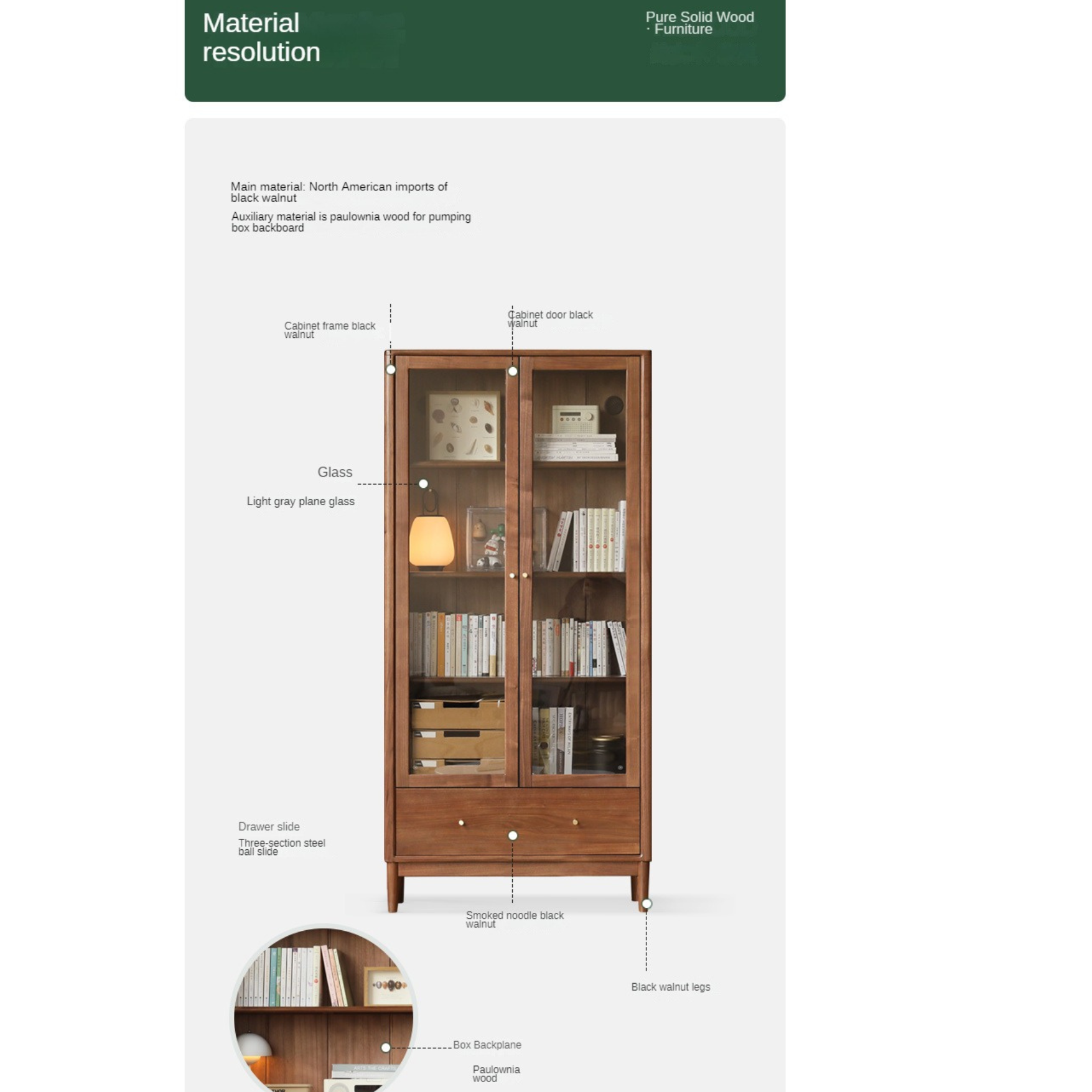 Black Walnut solid wood bookcase with glass door<