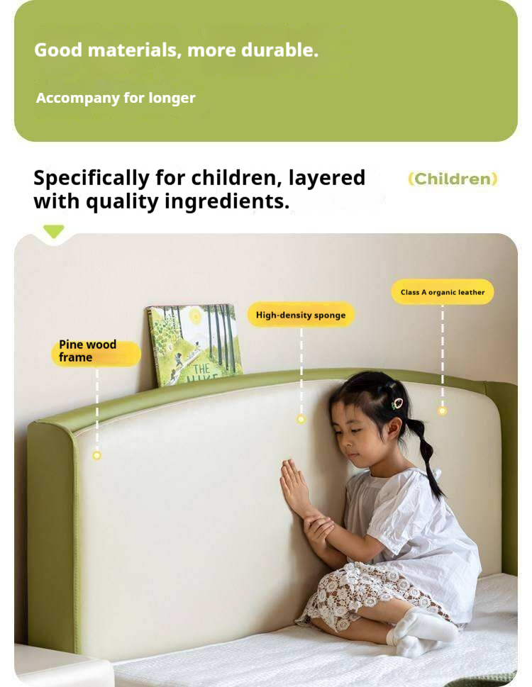 Beech Solid Wood Kids Upholstered Low Platform Bed with Curved Headboard