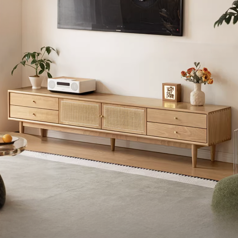 Birch Solid Wood TV Cabinet with Rattan Sliding Doors and Minimalist Storage