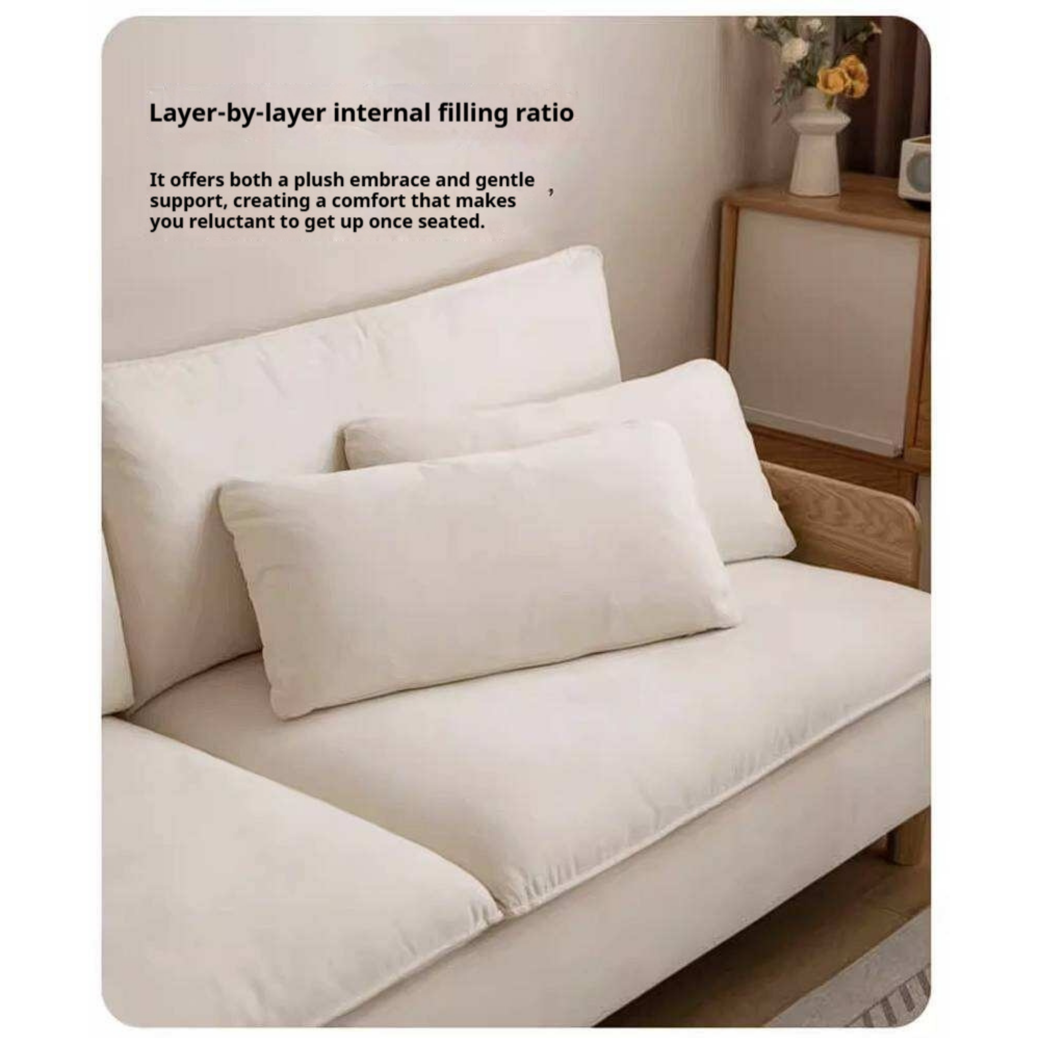 Oak Solid Wood Chenille Sofa with Wood Arm Panels and Pillow Back Cushions