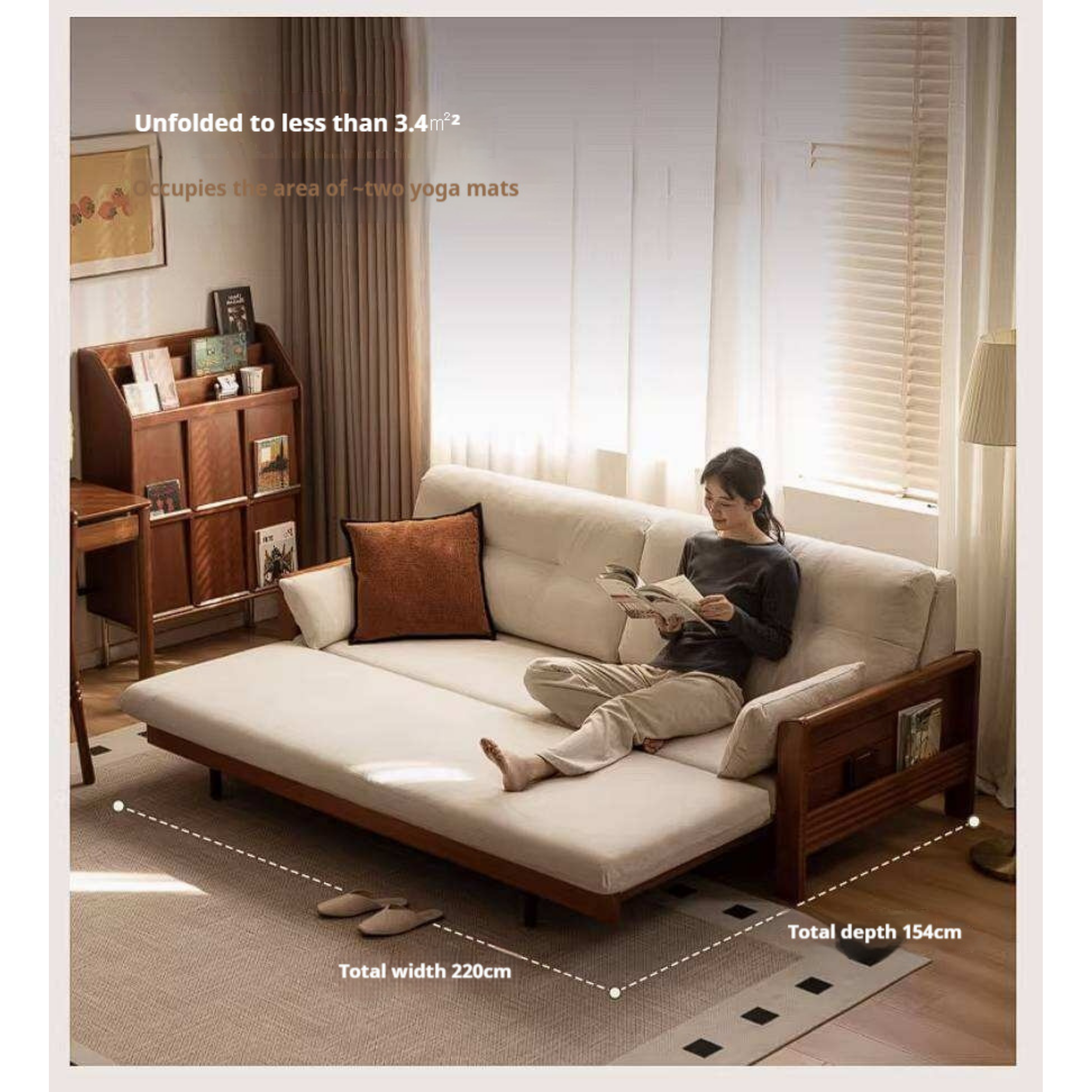 Solid Wood Vintage-Inspired Sofa Bed with Spacious Lounge Design