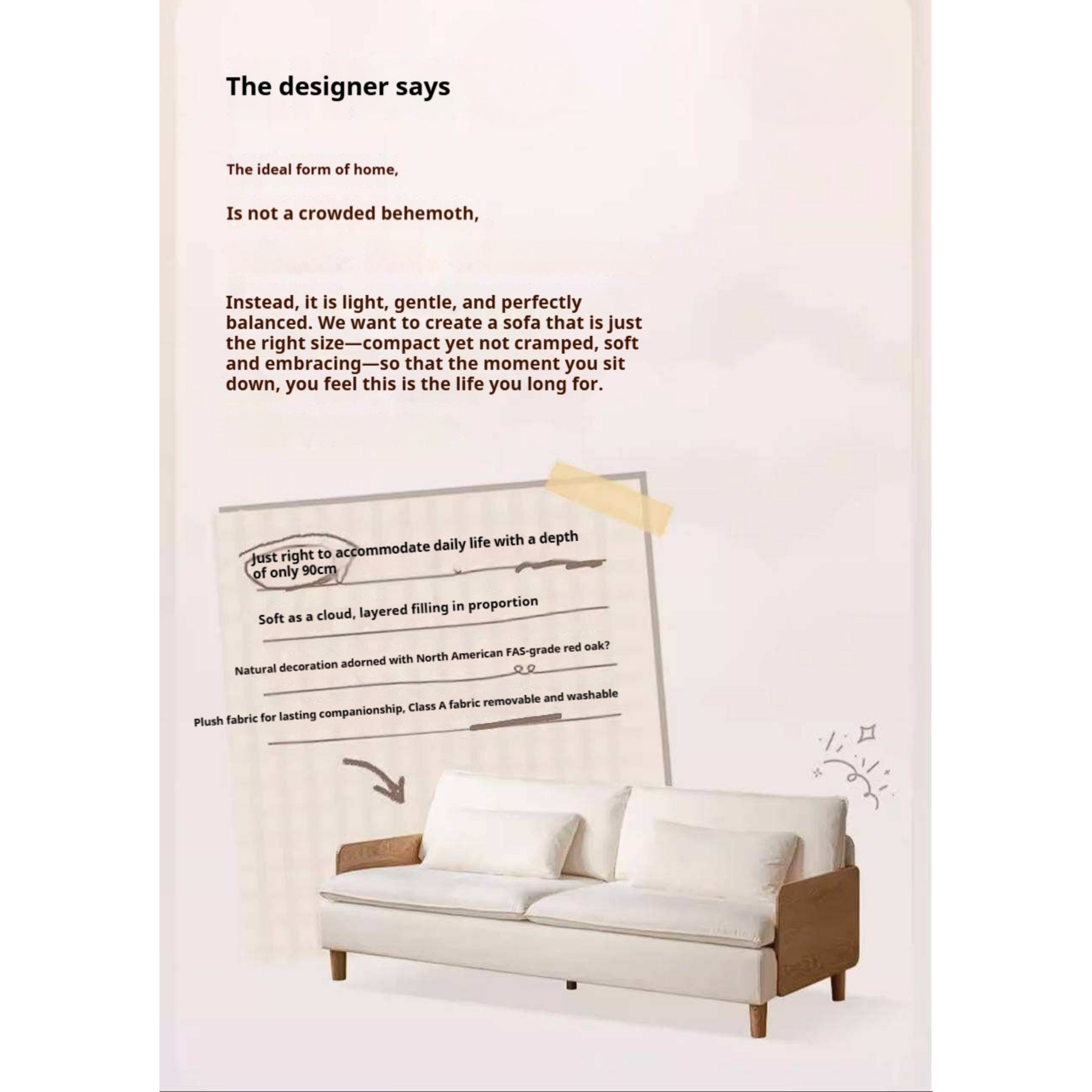 Oak Solid Wood Chenille Sofa with Wood Arm Panels and Pillow Back Cushions