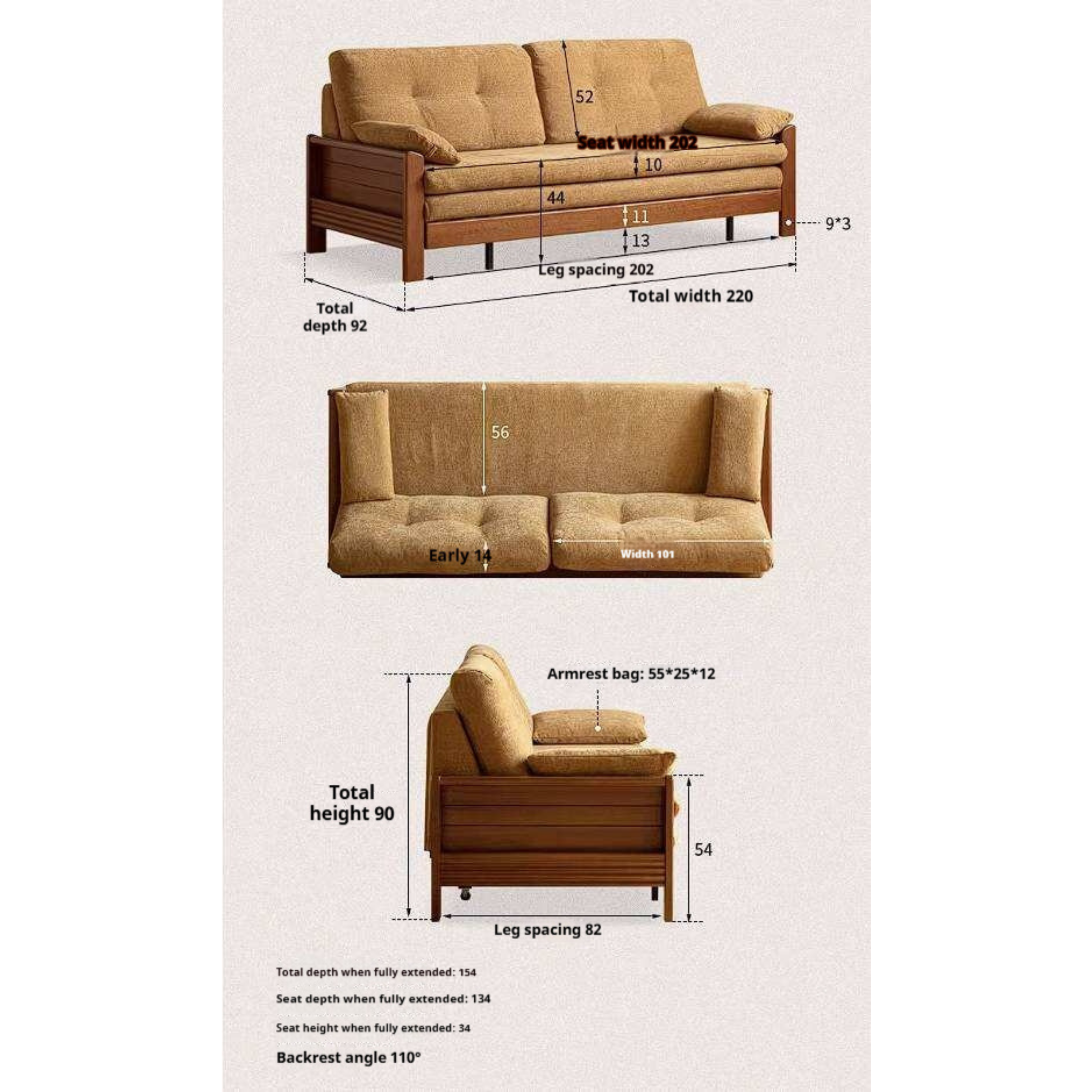 Solid Wood Vintage-Inspired Sofa Bed with Spacious Lounge Design