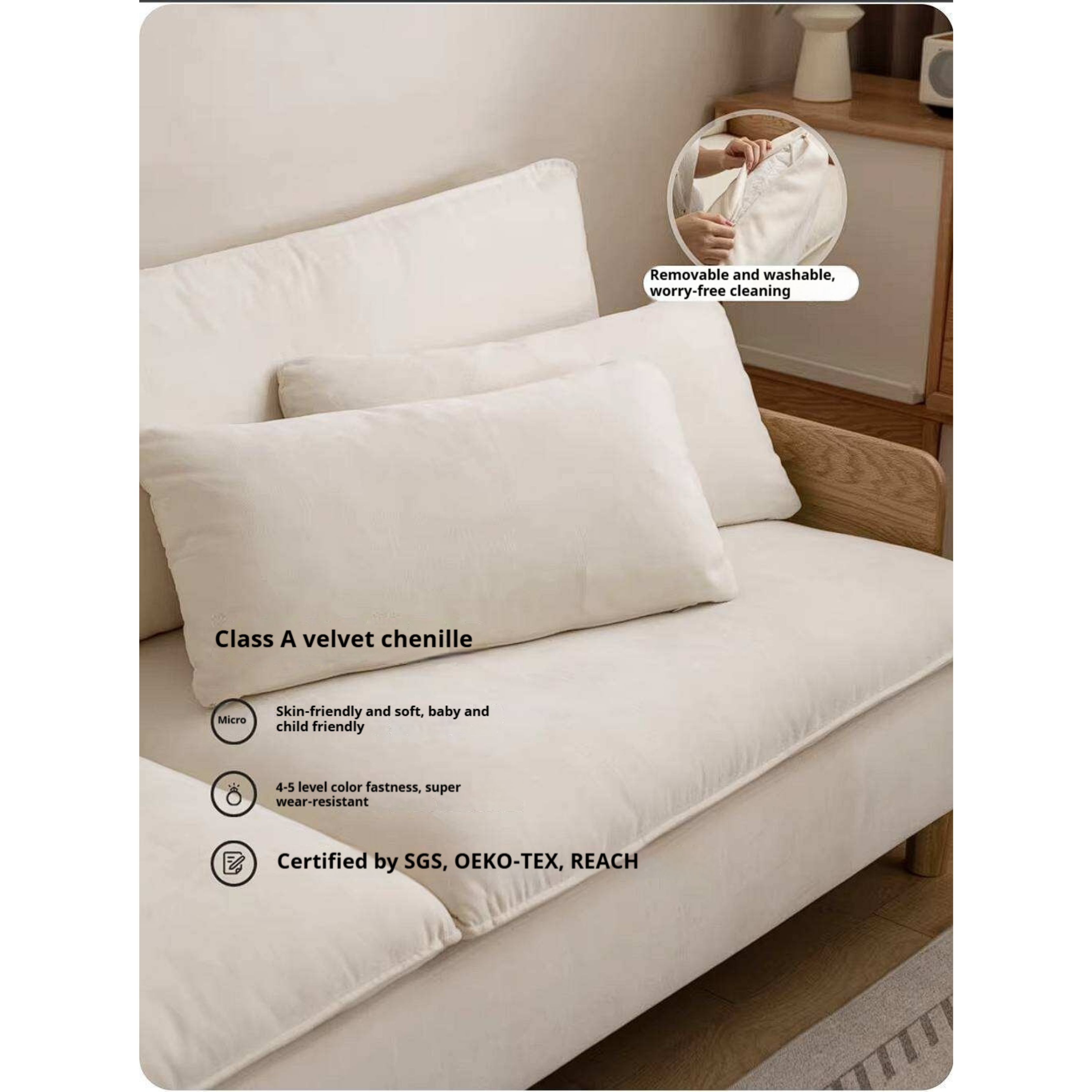 Oak Solid Wood Chenille Sofa with Wood Arm Panels and Pillow Back Cushions