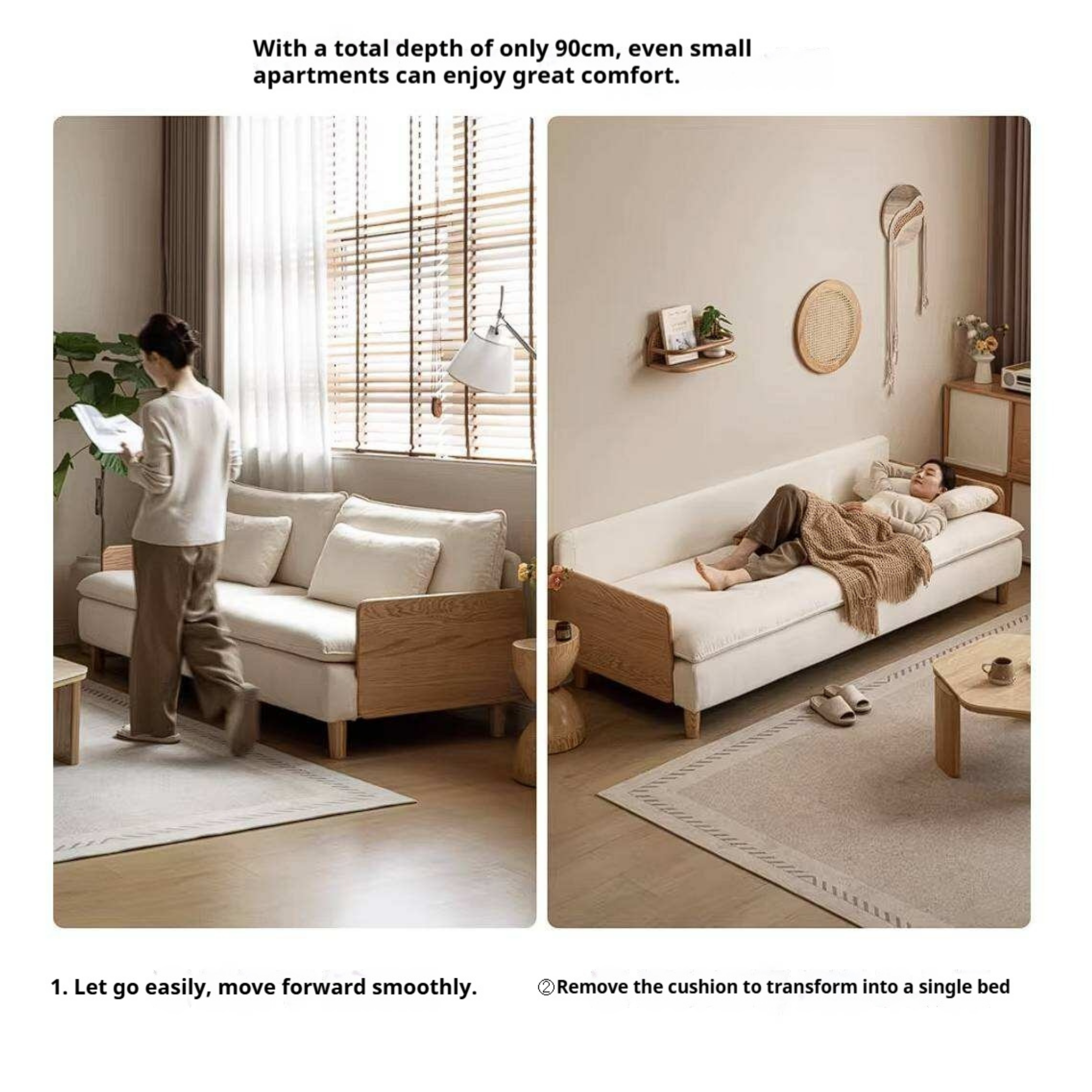 Oak Solid Wood Chenille Sofa with Wood Arm Panels and Pillow Back Cushions