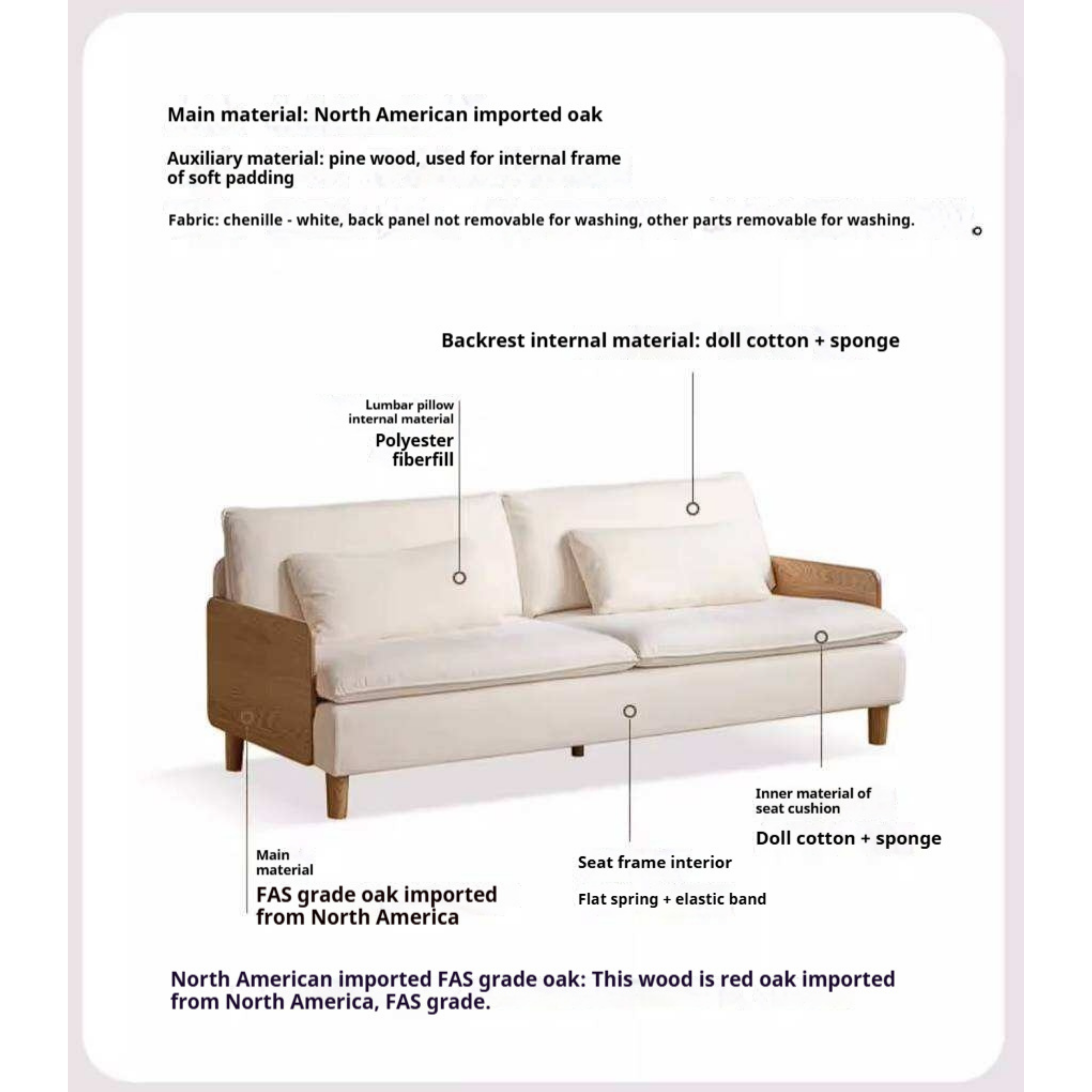 Oak Solid Wood Chenille Sofa with Wood Arm Panels and Pillow Back Cushions
